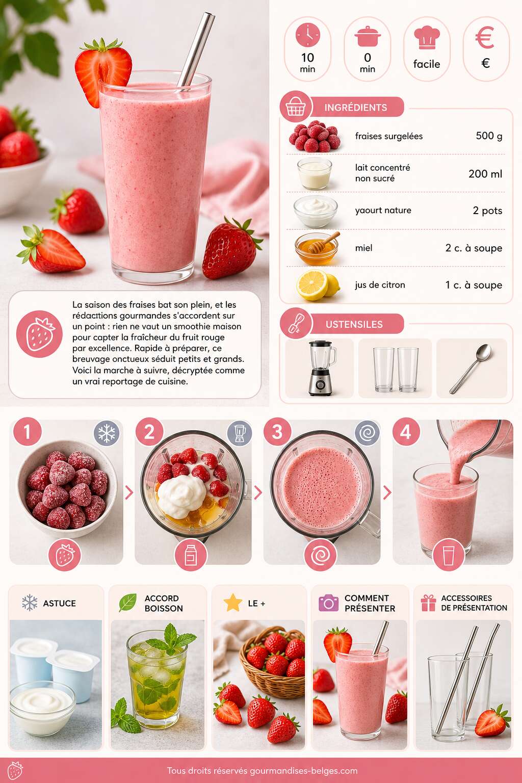 Fiche recette Recette de smoothie aux fraises facile et rapide