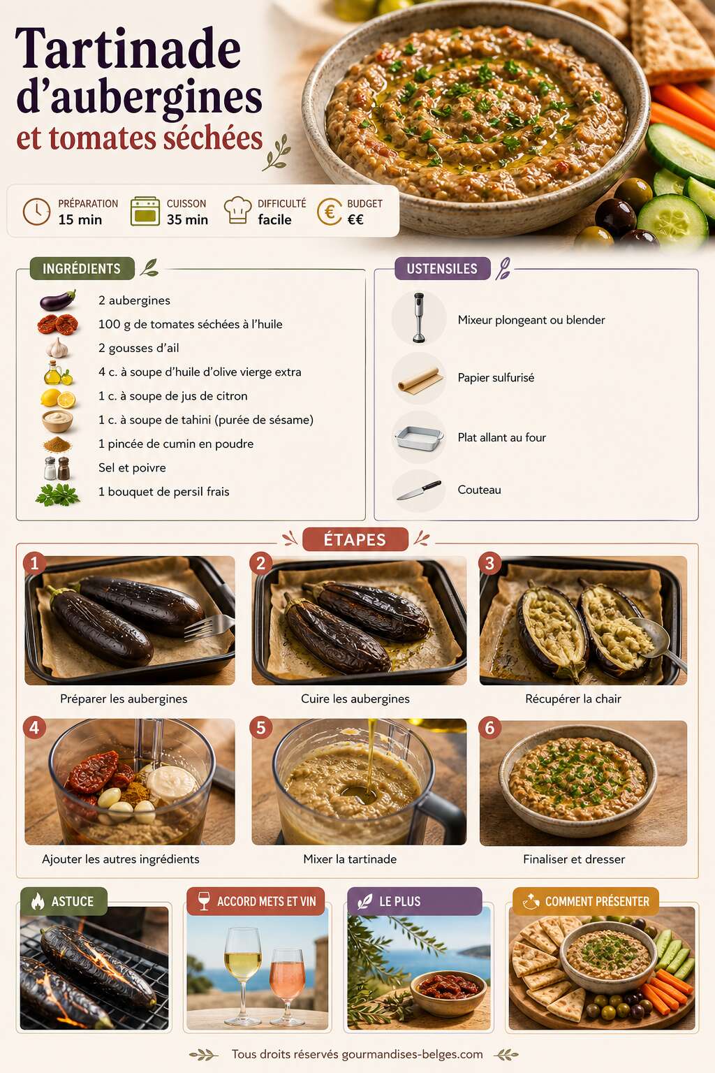 Fiche recette Recette facile de tartinade d'aubergines et tomates séchées Fiche recette Recette facile de tartinade d'aubergines et tomates séchées