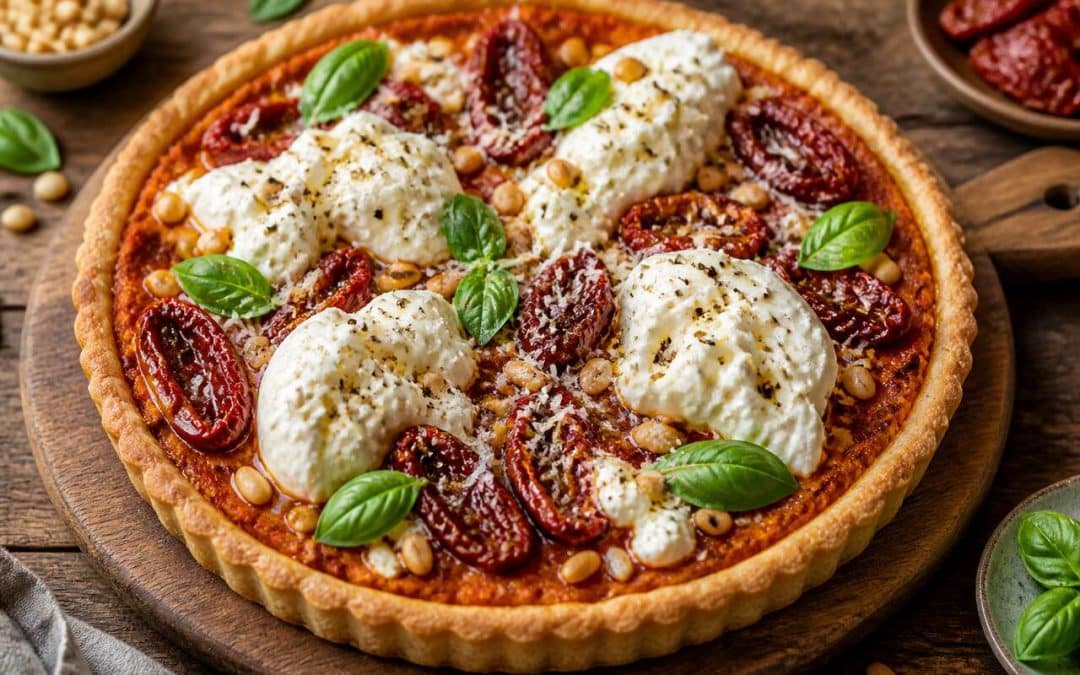 Recette de tarte au pesto rouge, tomates séchées et burrata