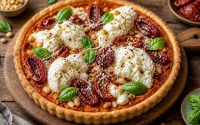 Recette de tarte au pesto rouge, tomates séchées et burrata