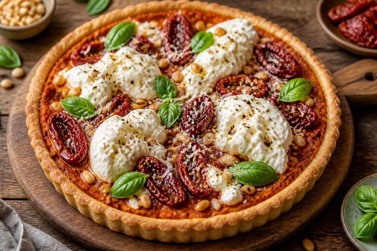 Recette de tarte au pesto rouge, tomates séchées et burrata