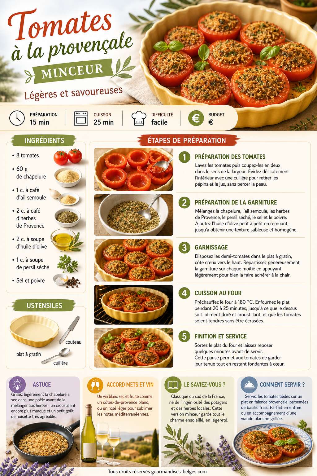 Fiche recette Recette de tomates à la provençale minceur : légères et savoureuses Fiche recette Recette de tomates à la provençale minceur : légères et savoureuses