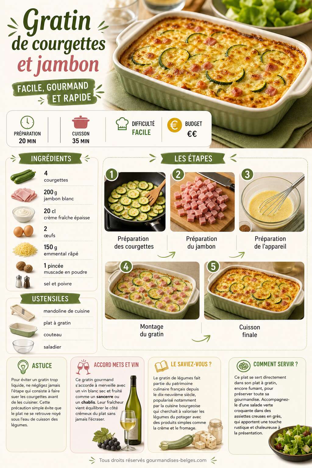 Fiche recette Gratin de courgettes et jambon facile : la recette gourmande et rapide Fiche recette Gratin de courgettes et jambon facile : la recette gourmande et rapide