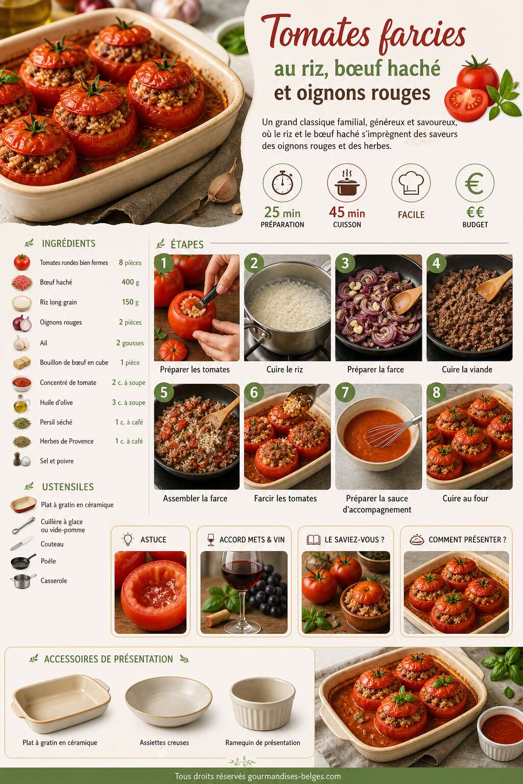 Fiche recette Recette de tomates farcies au riz, b&oelig;uf hach&eacute; et oignons rouges