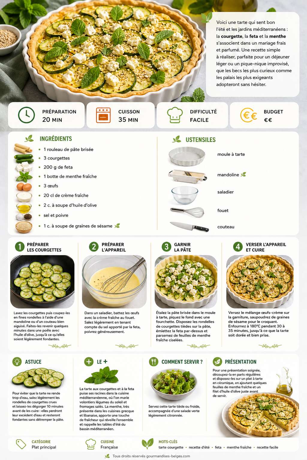 Fiche recette Recette de tarte courgettes, feta et menthe : fraîche et savoureuse Fiche recette Recette de tarte courgettes, feta et menthe : fraîche et savoureuse
