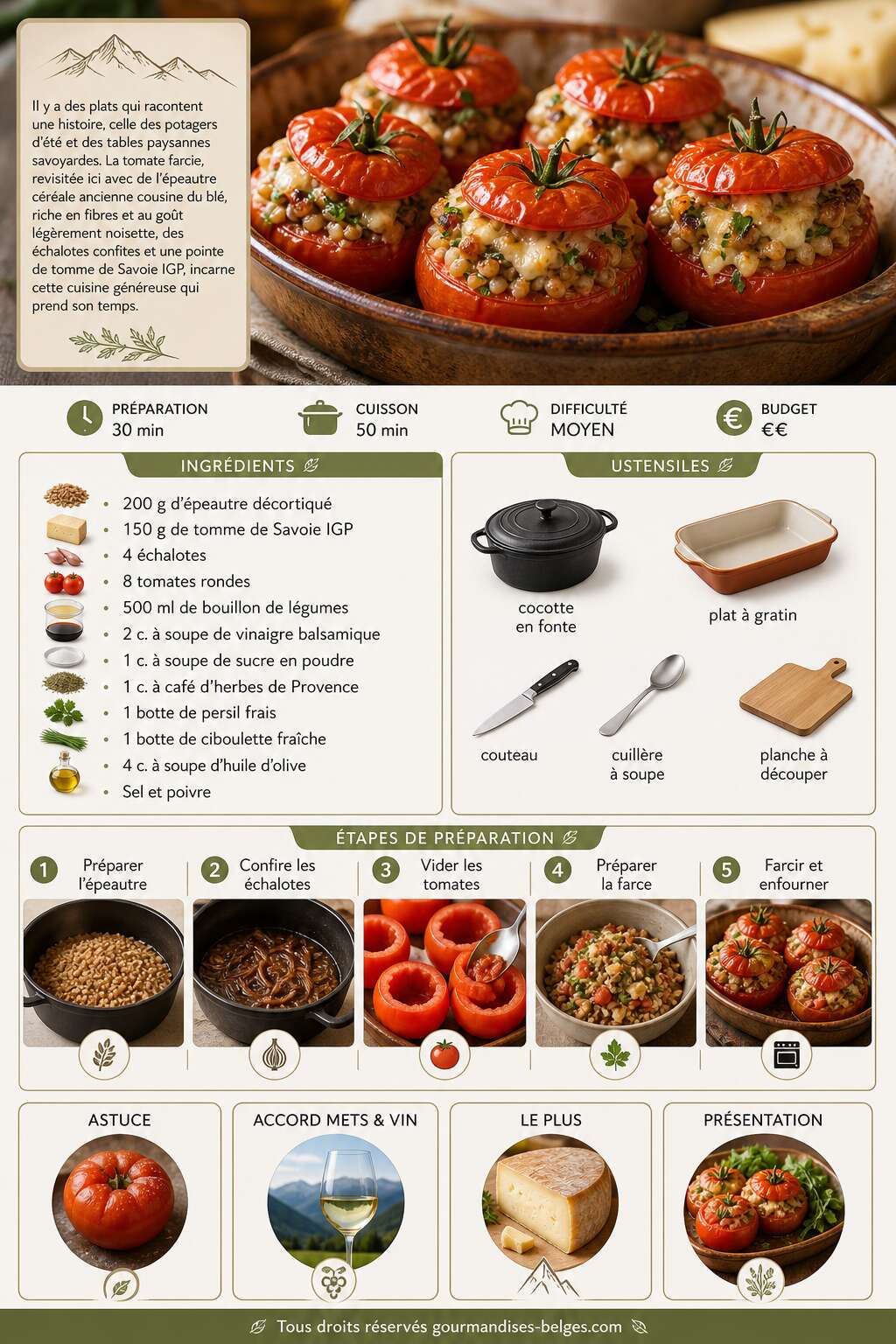 Fiche recette Recette de tomates farcies à l'épeautre, échalotes confites, herbes fraîches et tomme de Savoie IGP Fiche recette Recette de tomates farcies à l'épeautre, échalotes confites, herbes fraîches et tomme de Savoie IGP