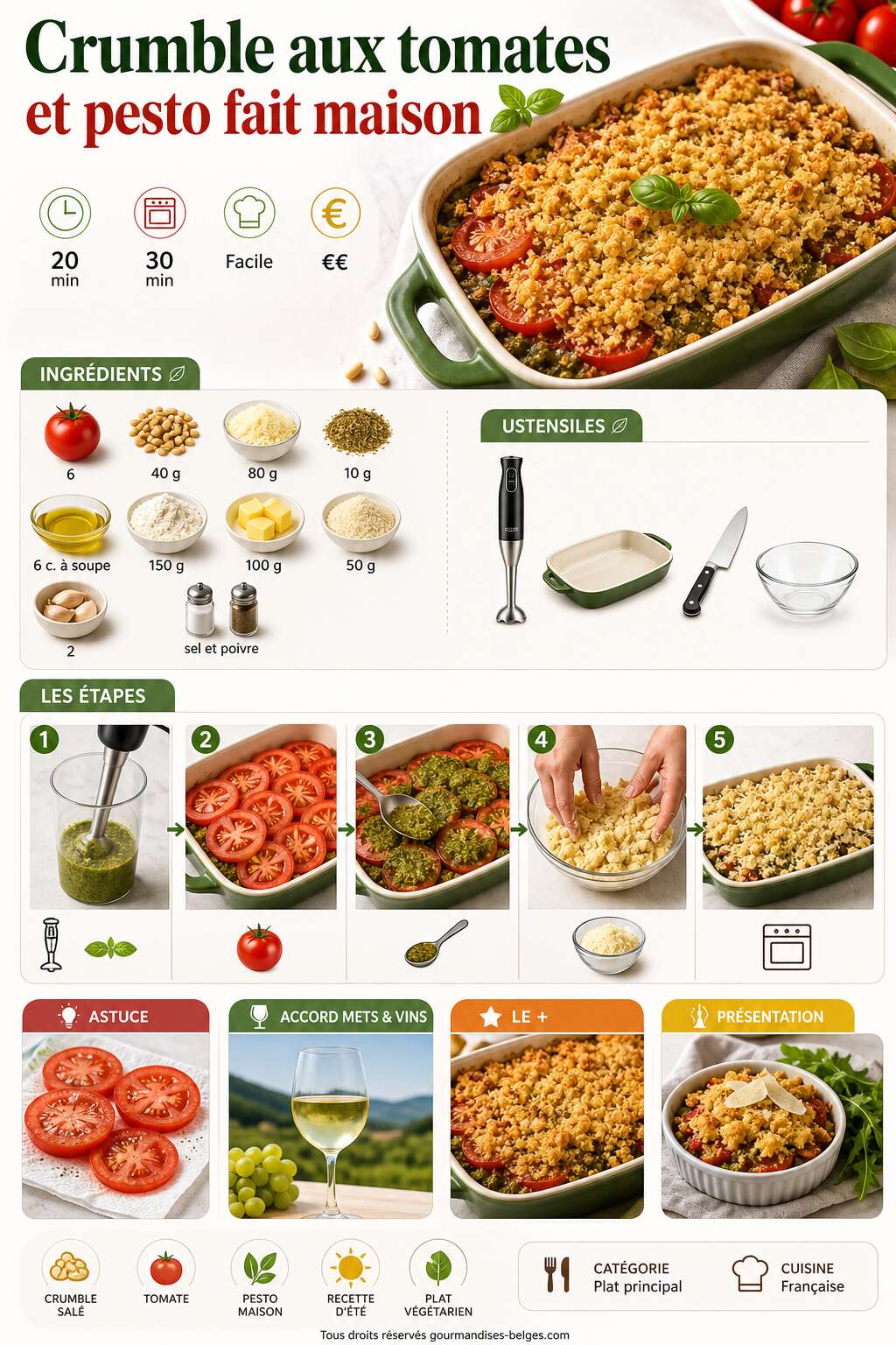 Fiche recette Recette du crumble aux tomates et pesto fait maison Fiche recette Recette du crumble aux tomates et pesto fait maison