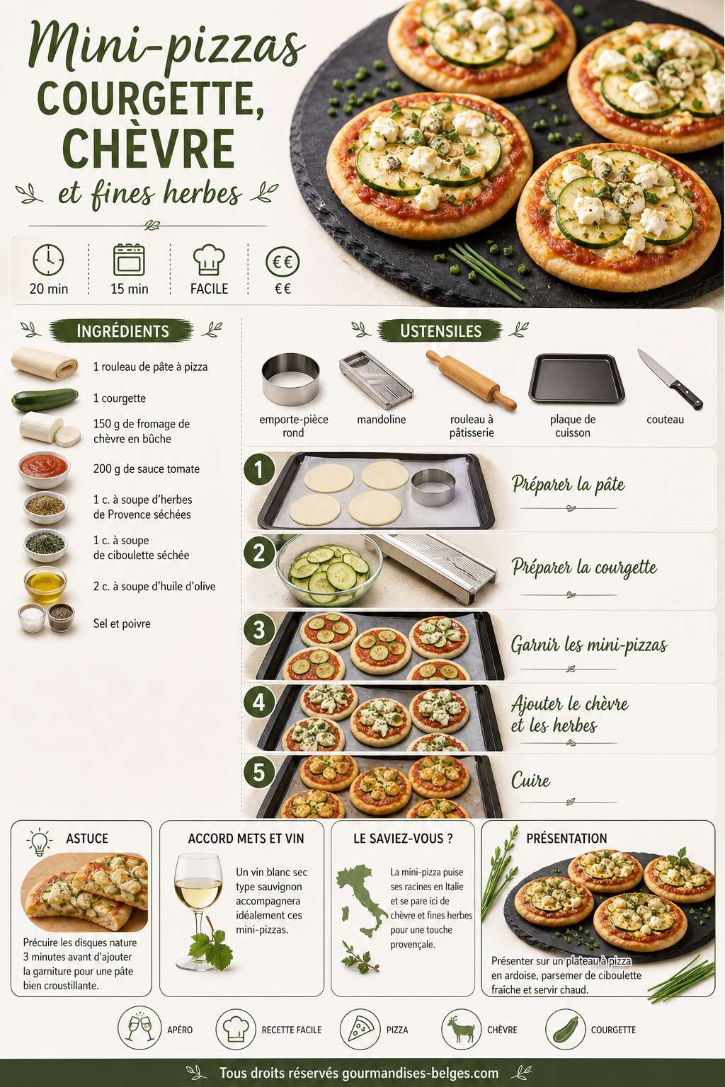 Fiche recette Mini-pizzas courgette, chèvre et fines herbes : la recette facile et gourmande Fiche recette Mini-pizzas courgette, chèvre et fines herbes : la recette facile et gourmande