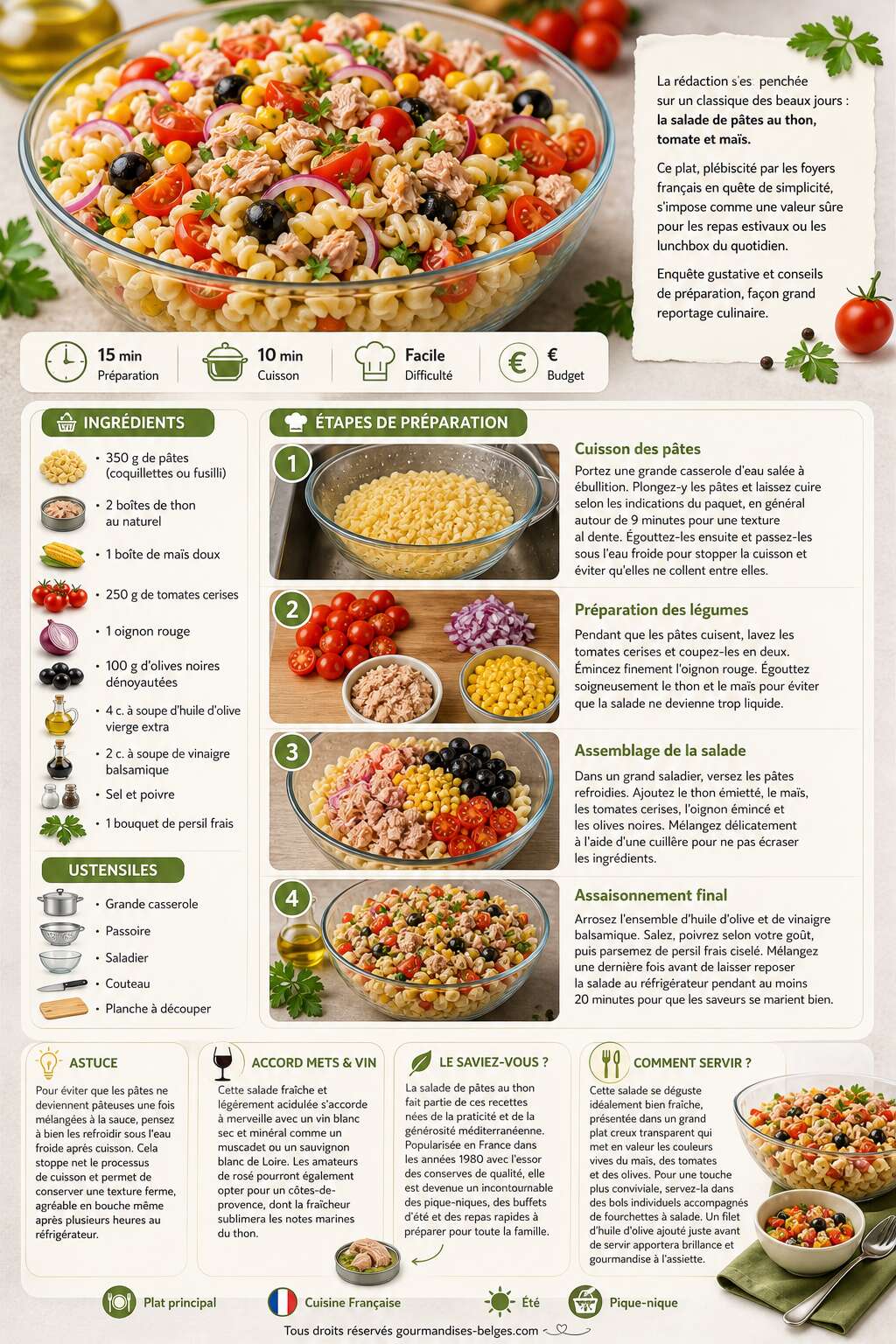 Fiche recette Recette facile de salade de pâtes au thon, tomate et maïs Fiche recette Recette facile de salade de pâtes au thon, tomate et maïs