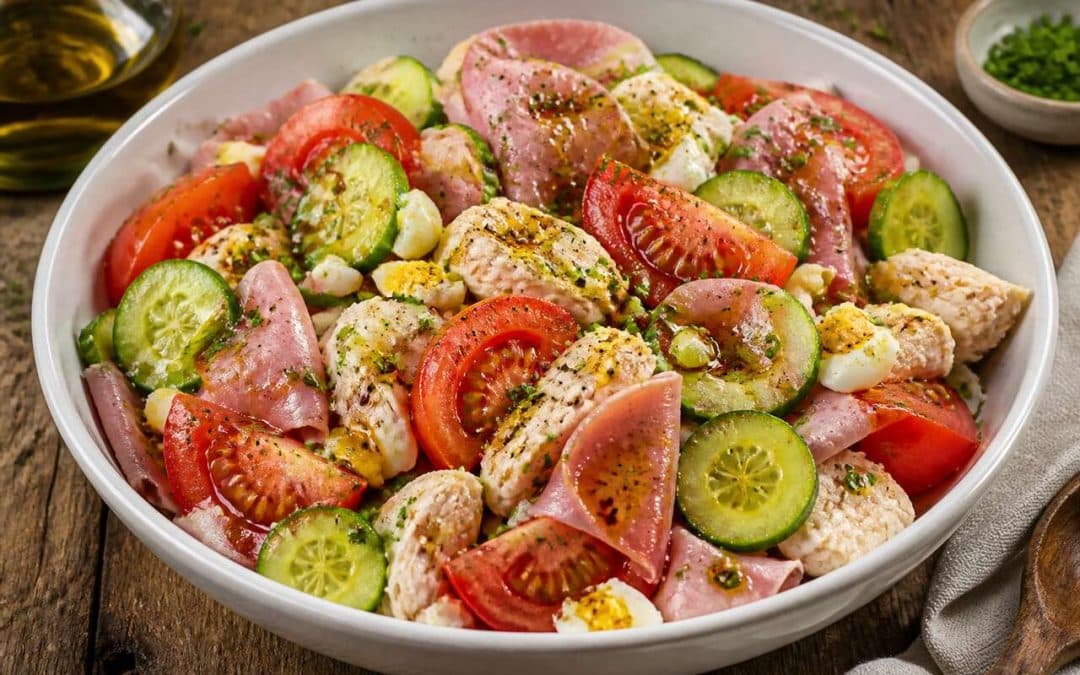 Recette de salade au concombre, tomate, jambon et poulet