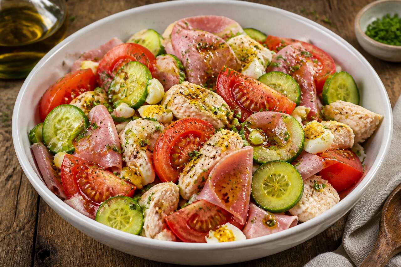 Recette de salade au concombre, tomate, jambon et poulet