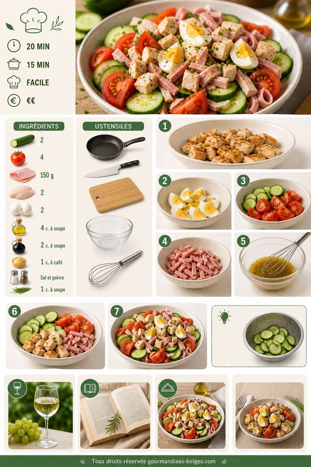 Fiche recette Recette de salade au concombre, tomate, jambon et poulet Fiche recette Recette de salade au concombre, tomate, jambon et poulet
