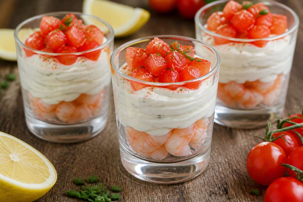 Recette de verrines crevettes, fromage frais et tomate