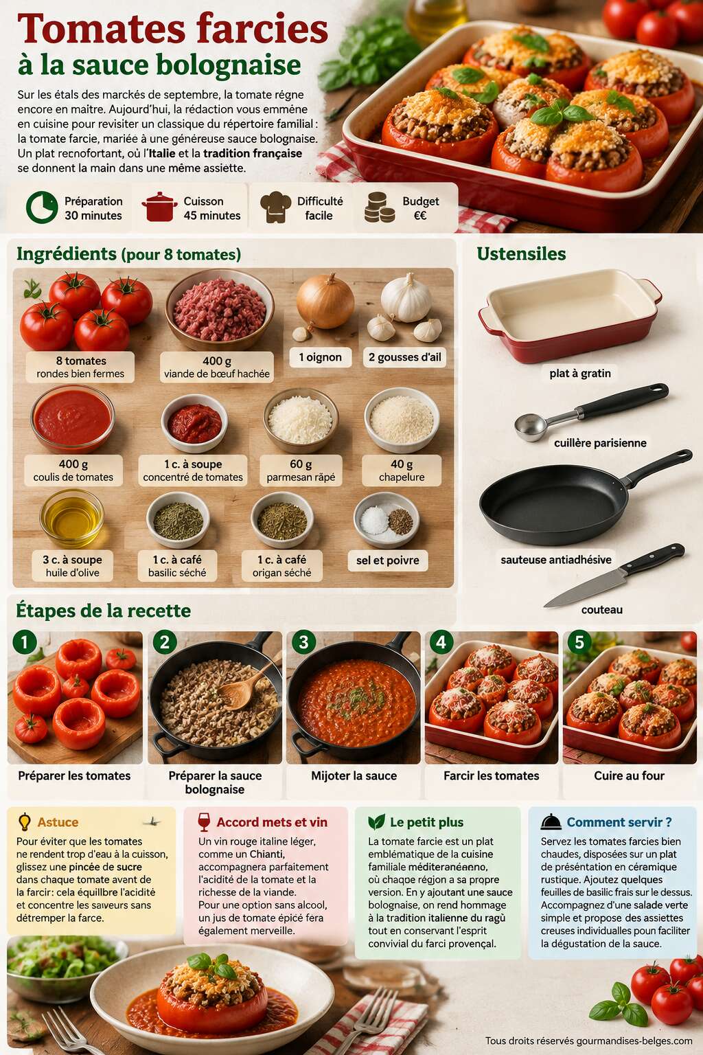 Fiche recette Recette de tomates farcies &agrave; la sauce bolognaise