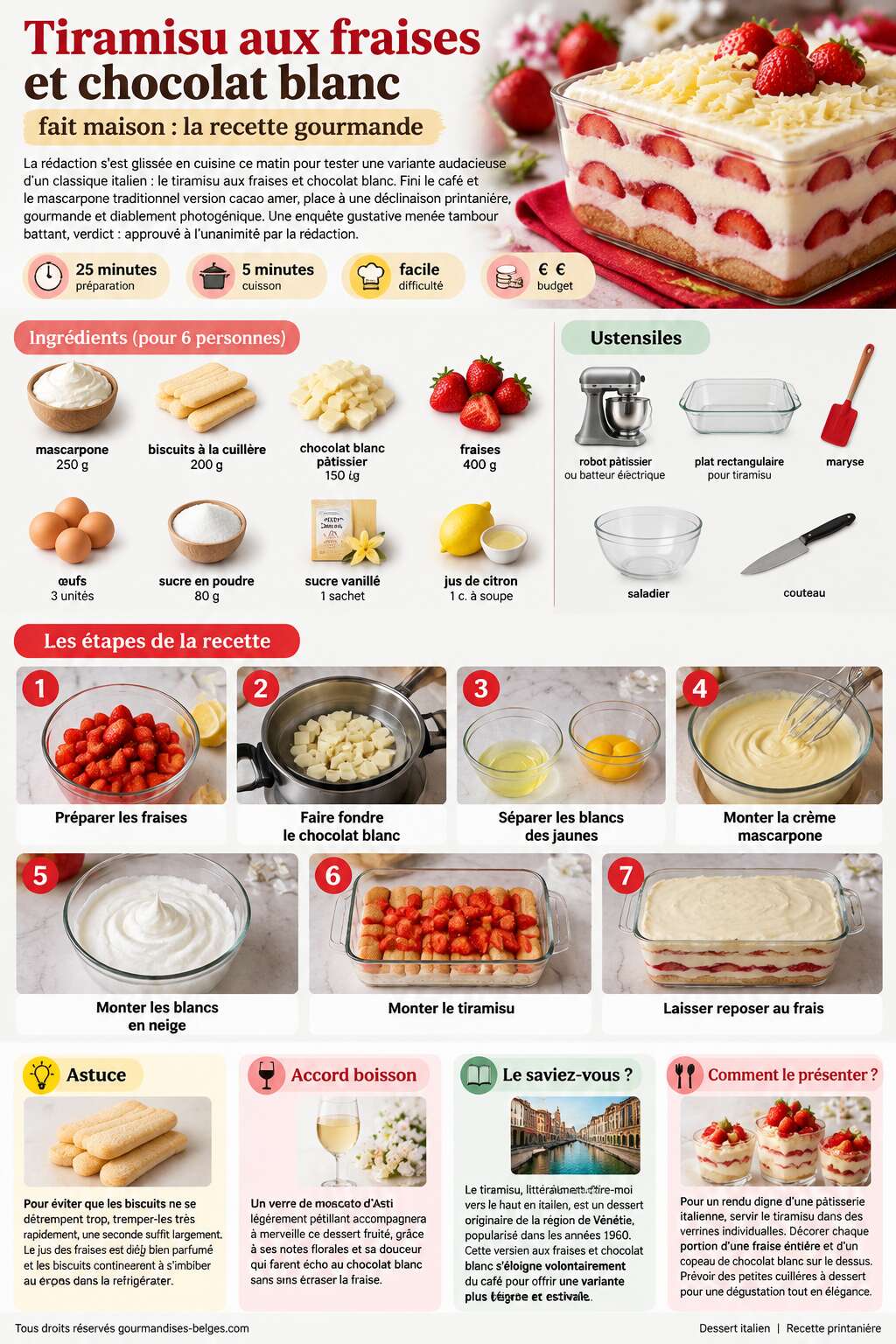 Fiche recette Tiramisu aux fraises et chocolat blanc fait maison : la recette gourmande Fiche recette Tiramisu aux fraises et chocolat blanc fait maison : la recette gourmande
