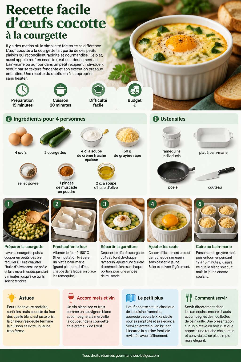 Fiche recette Recette facile d'œufs cocotte à la courgette Fiche recette Recette facile d'œufs cocotte à la courgette