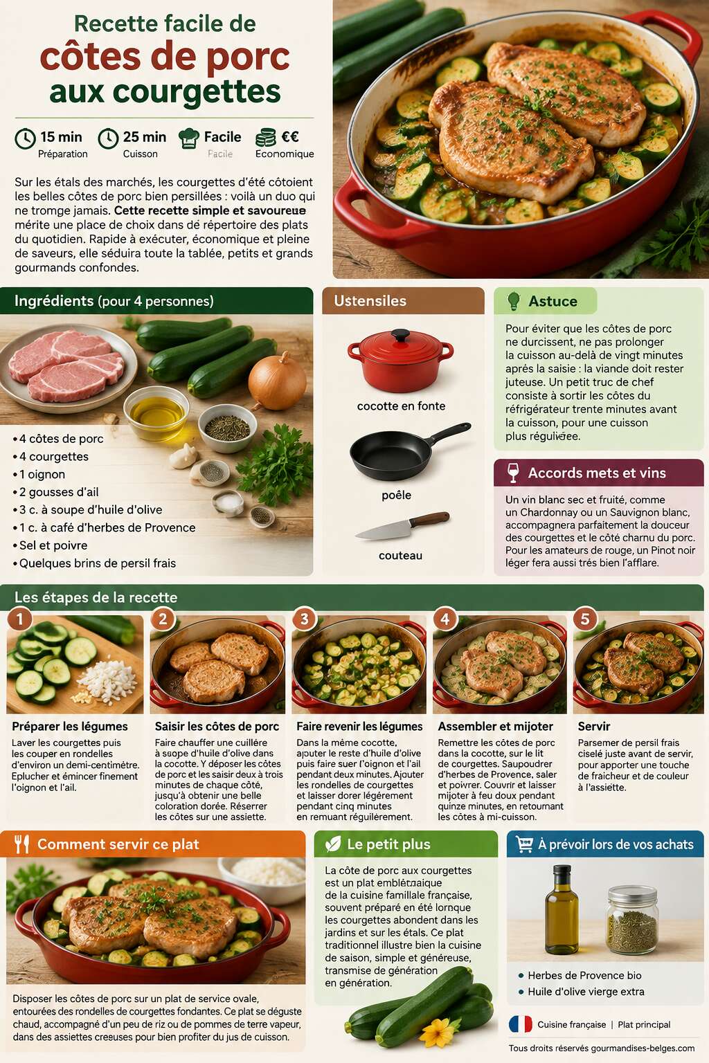 Fiche recette Recette facile de côtes de porc aux courgettes Fiche recette Recette facile de côtes de porc aux courgettes