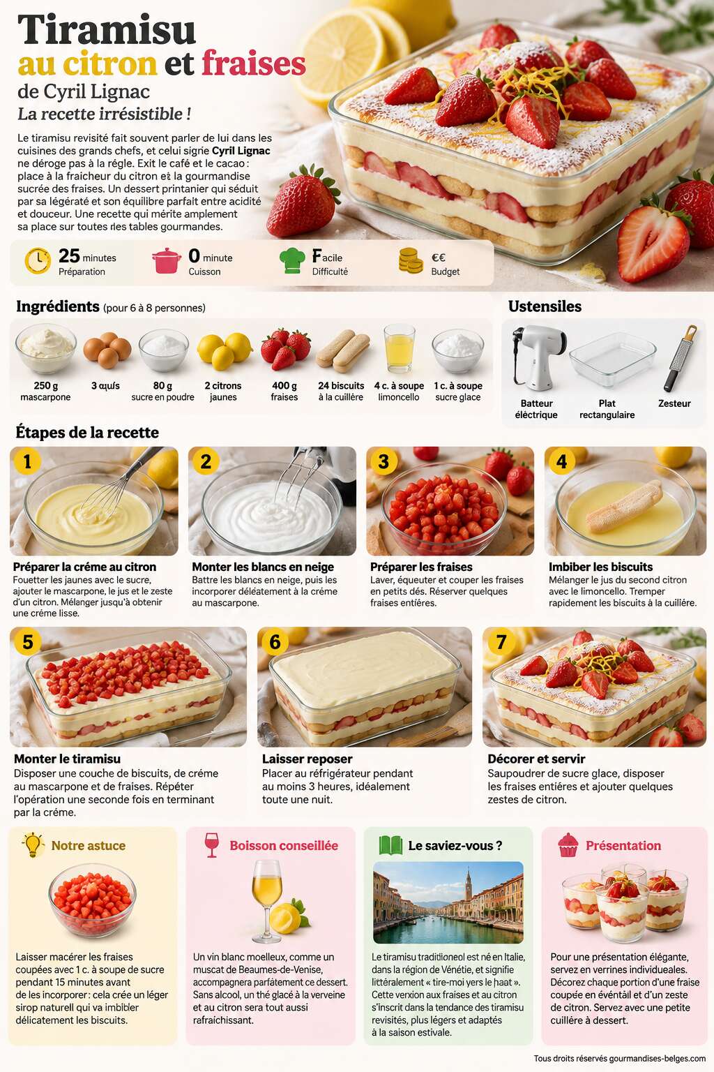 Fiche recette Tiramisu au citron et fraises de Cyril Lignac : la recette irrésistible Fiche recette Tiramisu au citron et fraises de Cyril Lignac : la recette irrésistible