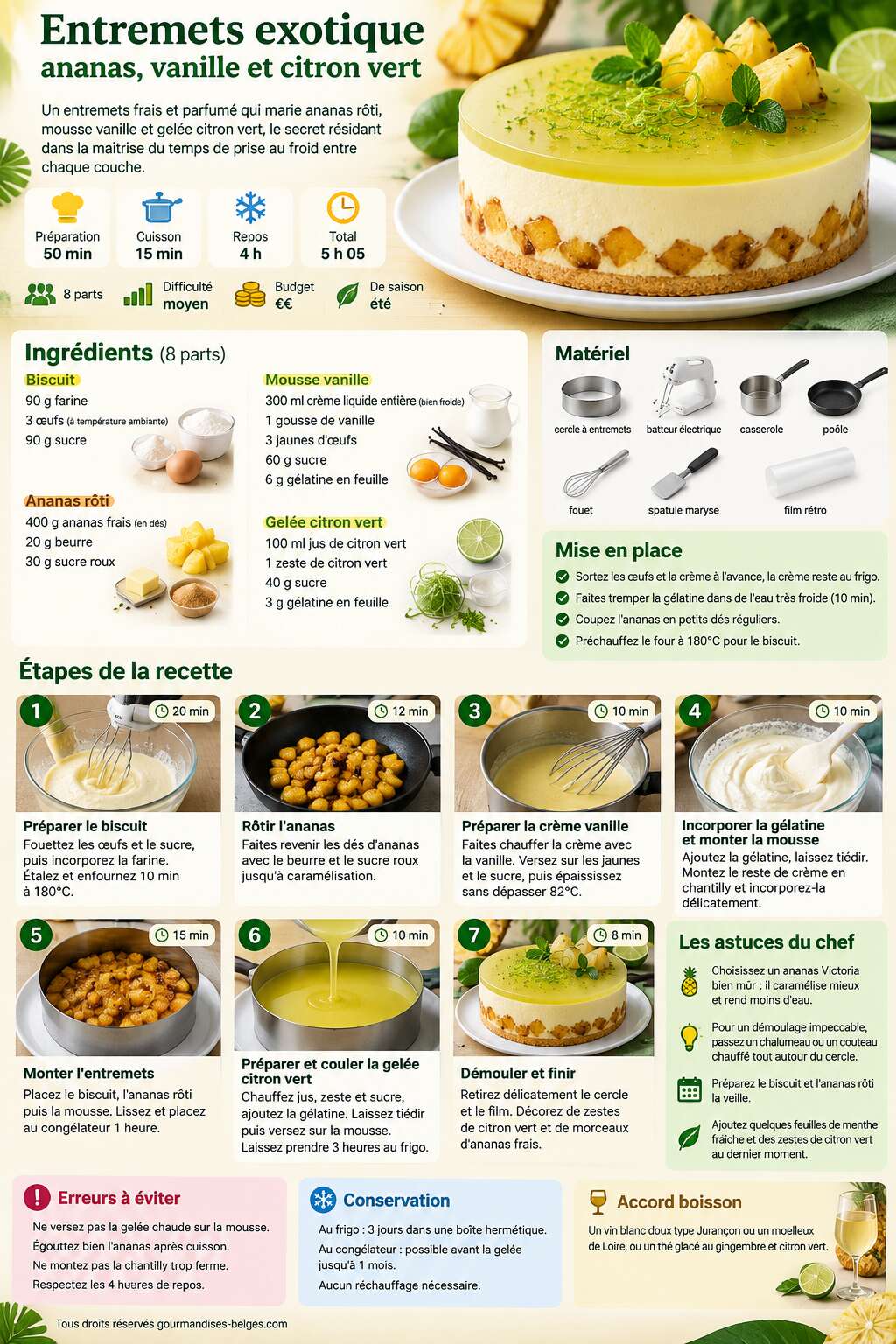 Fiche recette Recette d'entremets exotique ananas, vanille et citron vert Fiche recette Recette d'entremets exotique ananas, vanille et citron vert