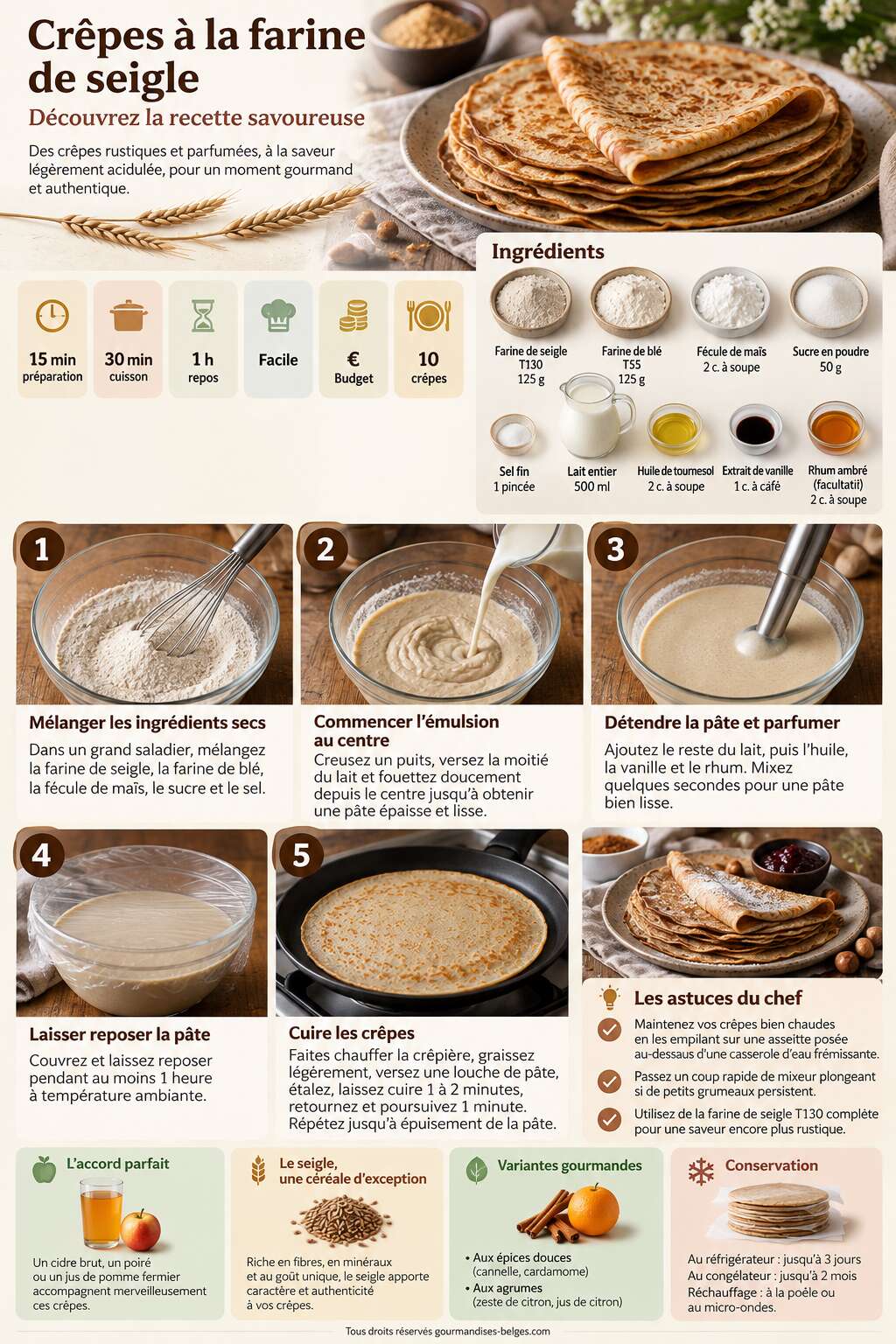 Fiche recette Crêpes à la farine de seigle : découvrez la recette savoureuse Fiche recette Crêpes à la farine de seigle : découvrez la recette savoureuse