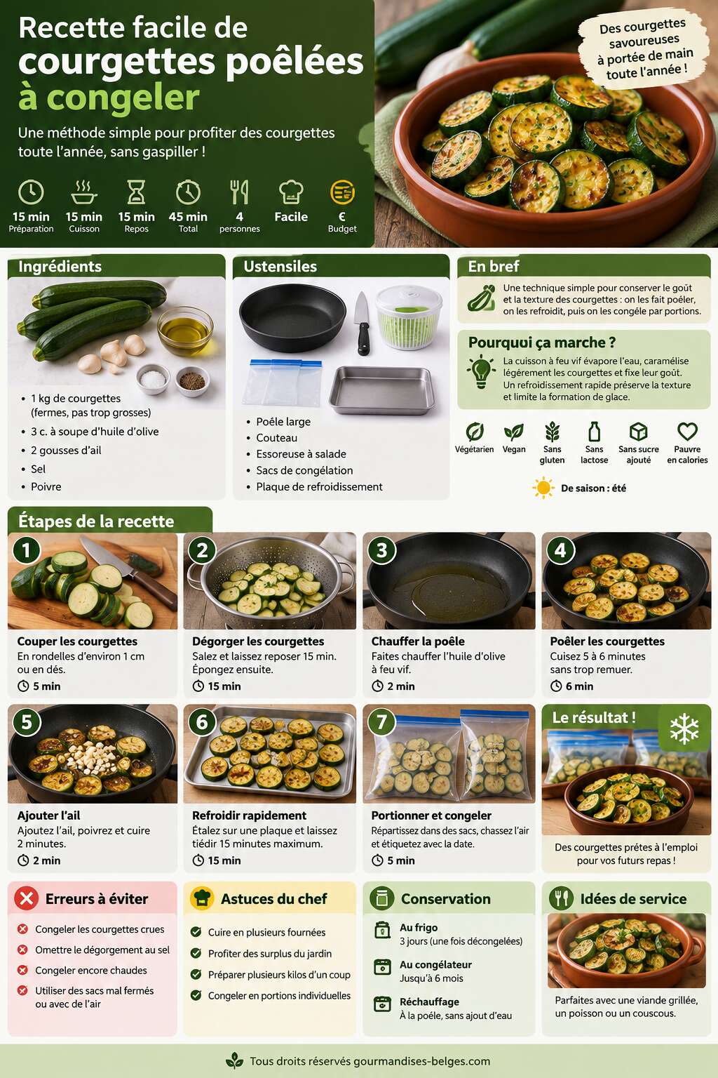 Fiche recette Recette facile de courgettes poêlées à congeler Fiche recette Recette facile de courgettes poêlées à congeler