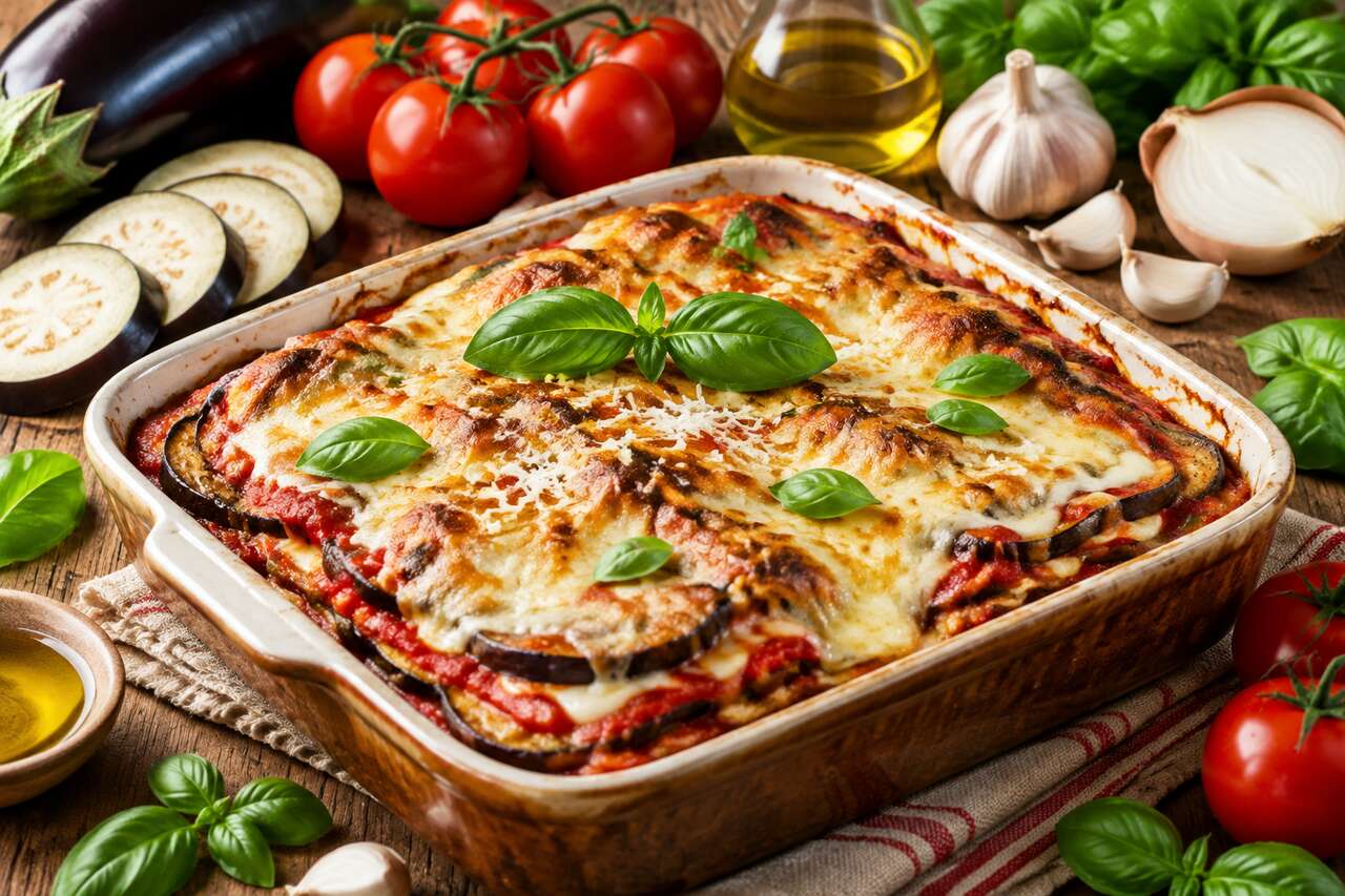 Lasagnes d'aubergines à la tomate, mozzarella et gruyère : la recette gourmande