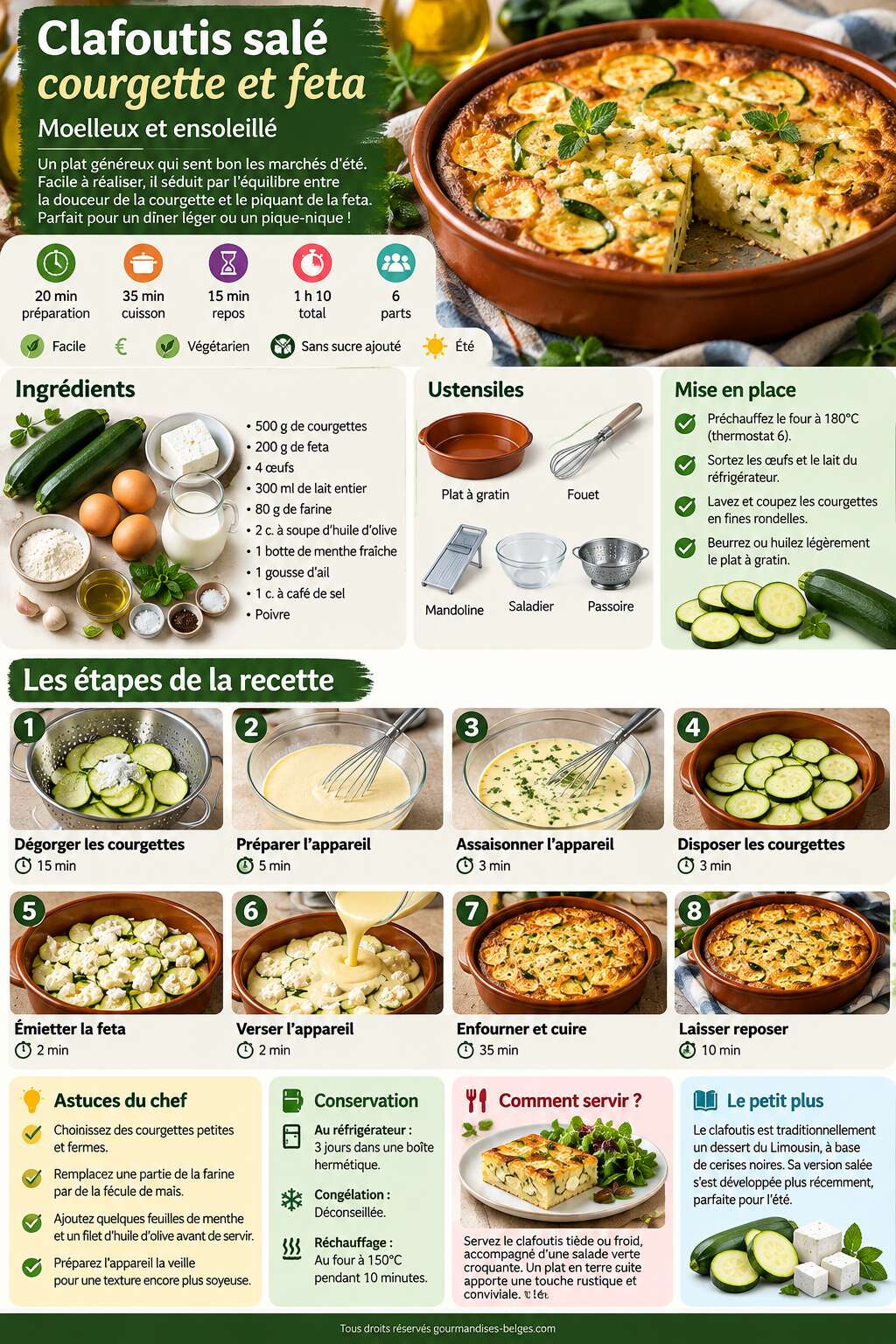 Fiche recette Recette de clafoutis sal&eacute; courgette et feta : moelleux et ensoleill&eacute;