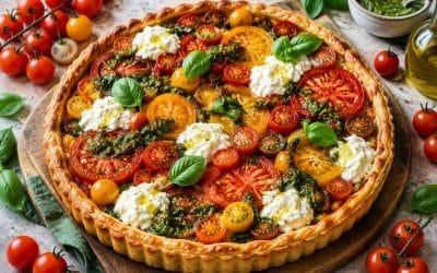 Recette de tarte aux tomates, pesto et carré frais