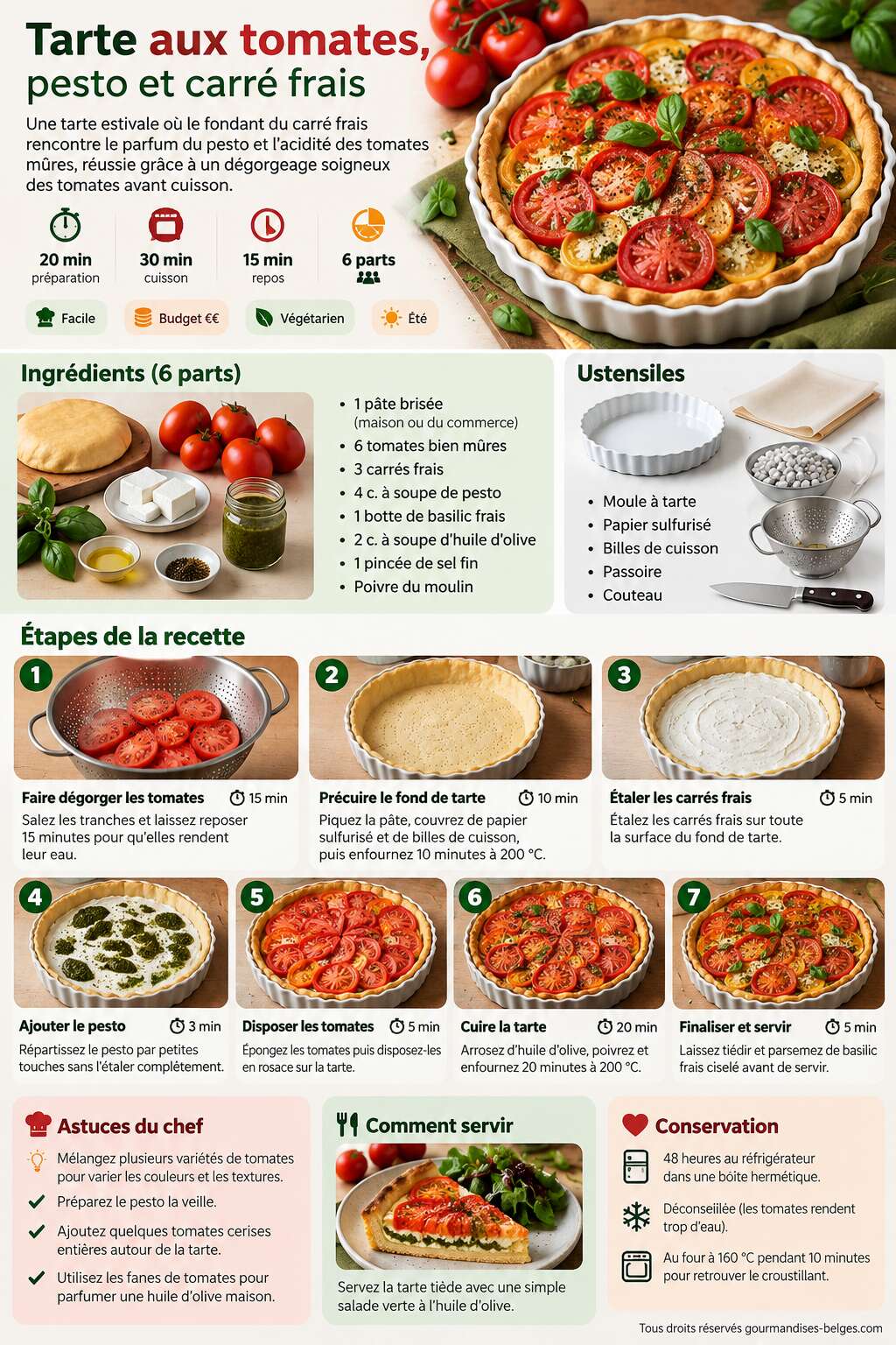 Fiche recette Recette de tarte aux tomates, pesto et carr&eacute; frais