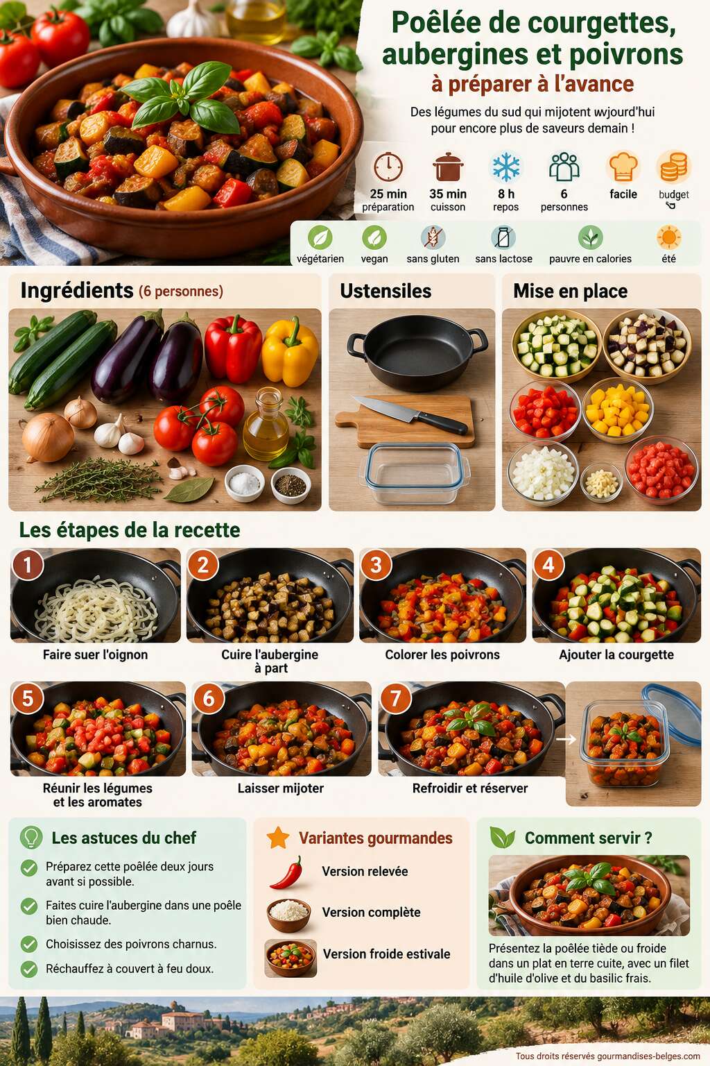 Fiche recette Recette de po&ecirc;l&eacute;e de courgettes, aubergines et poivrons &agrave; pr&eacute;parer &agrave; l'avance