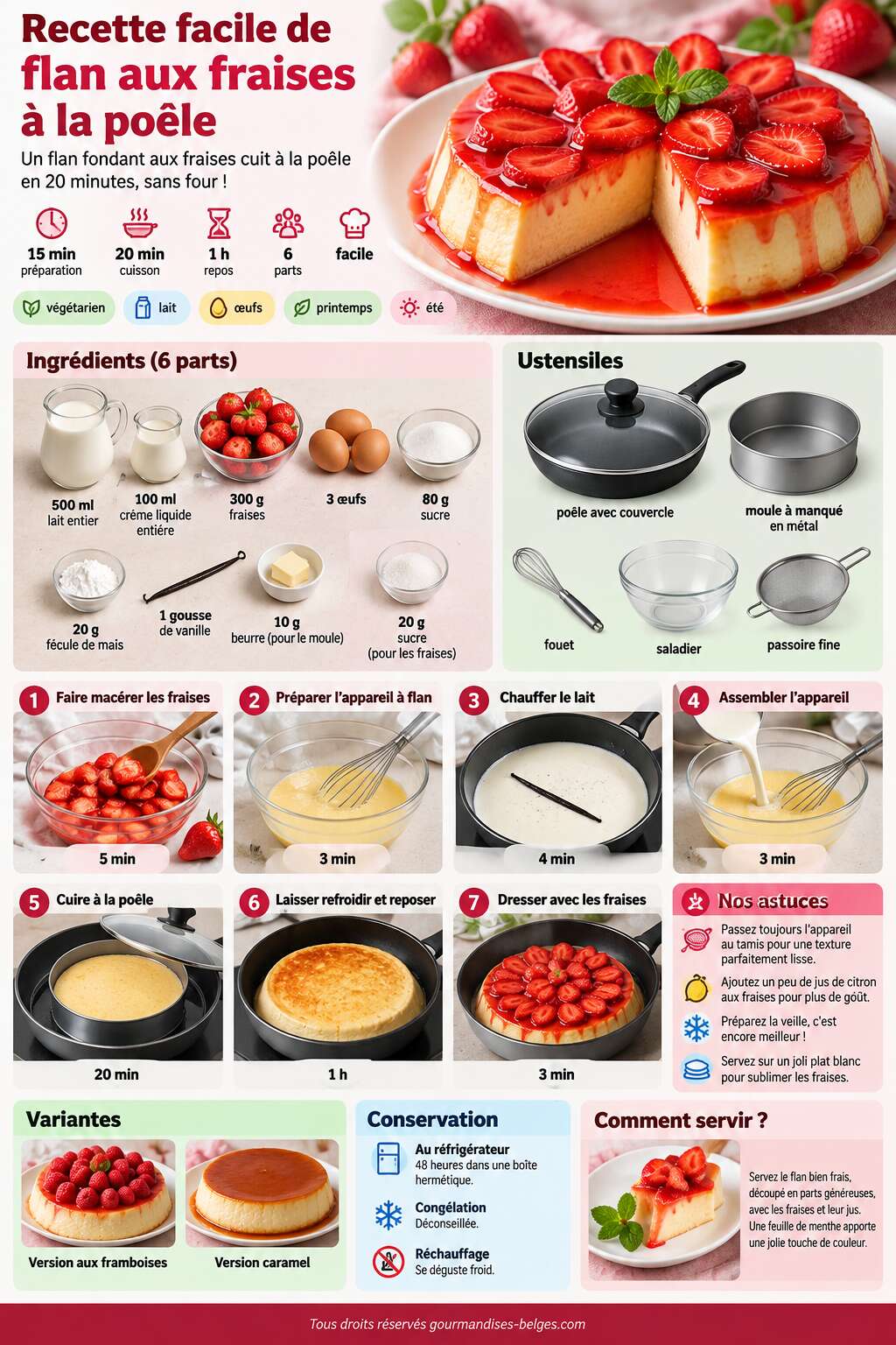 Fiche recette Recette facile de flan aux fraises à la poêle Fiche recette Recette facile de flan aux fraises à la poêle