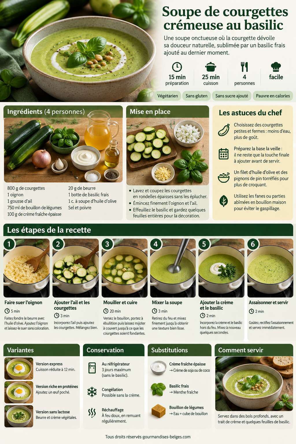 Fiche recette Recette de soupe de courgettes cr&eacute;meuse au basilic