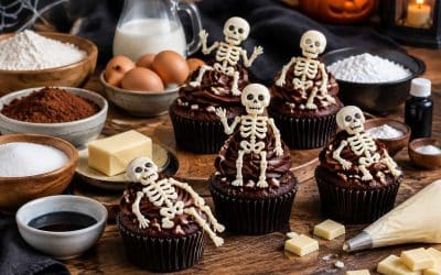 Recette de cupcakes squelette avec décor en chocolat blanc