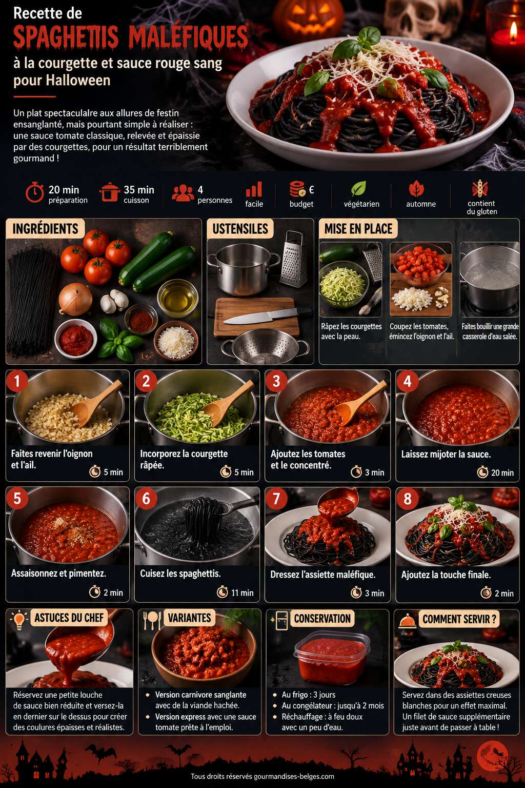 Fiche recette Recette de spaghettis mal&eacute;fiques &agrave; la courgette et sauce rouge sang pour Halloween