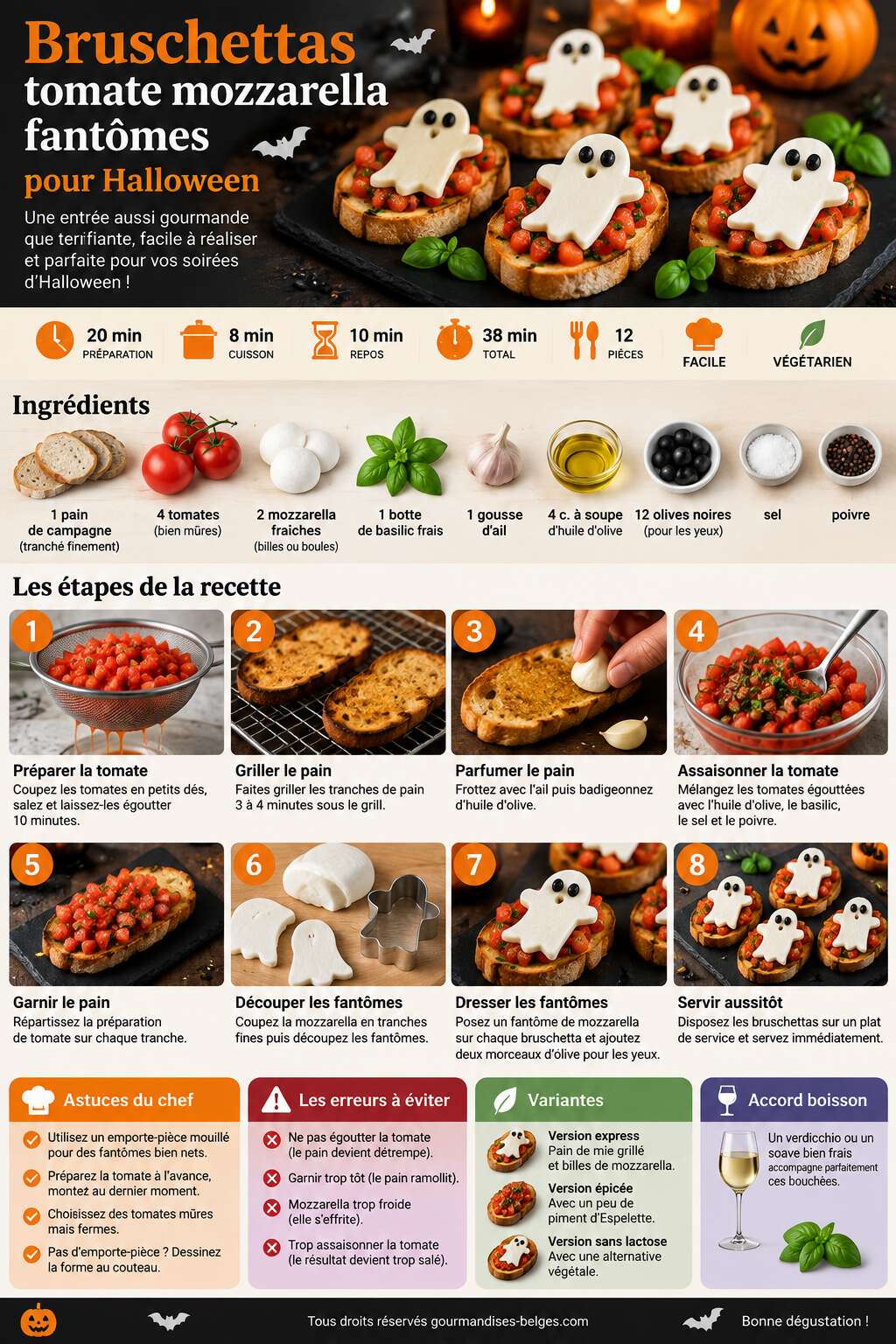 Fiche recette Recette de bruschettas tomate mozzarella fant&ocirc;mes pour Halloween