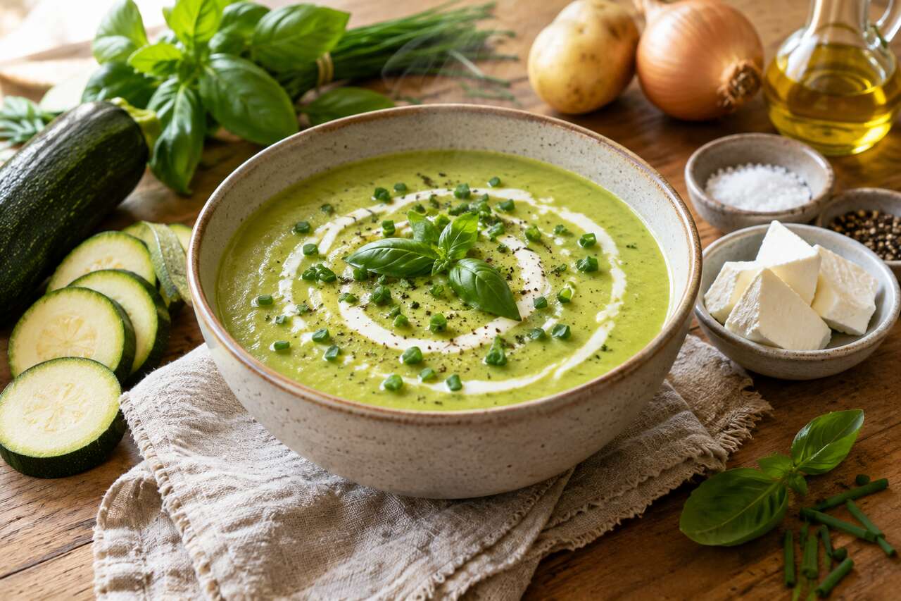 Recette de soupe de courgettes au Kiri et herbes fraîches