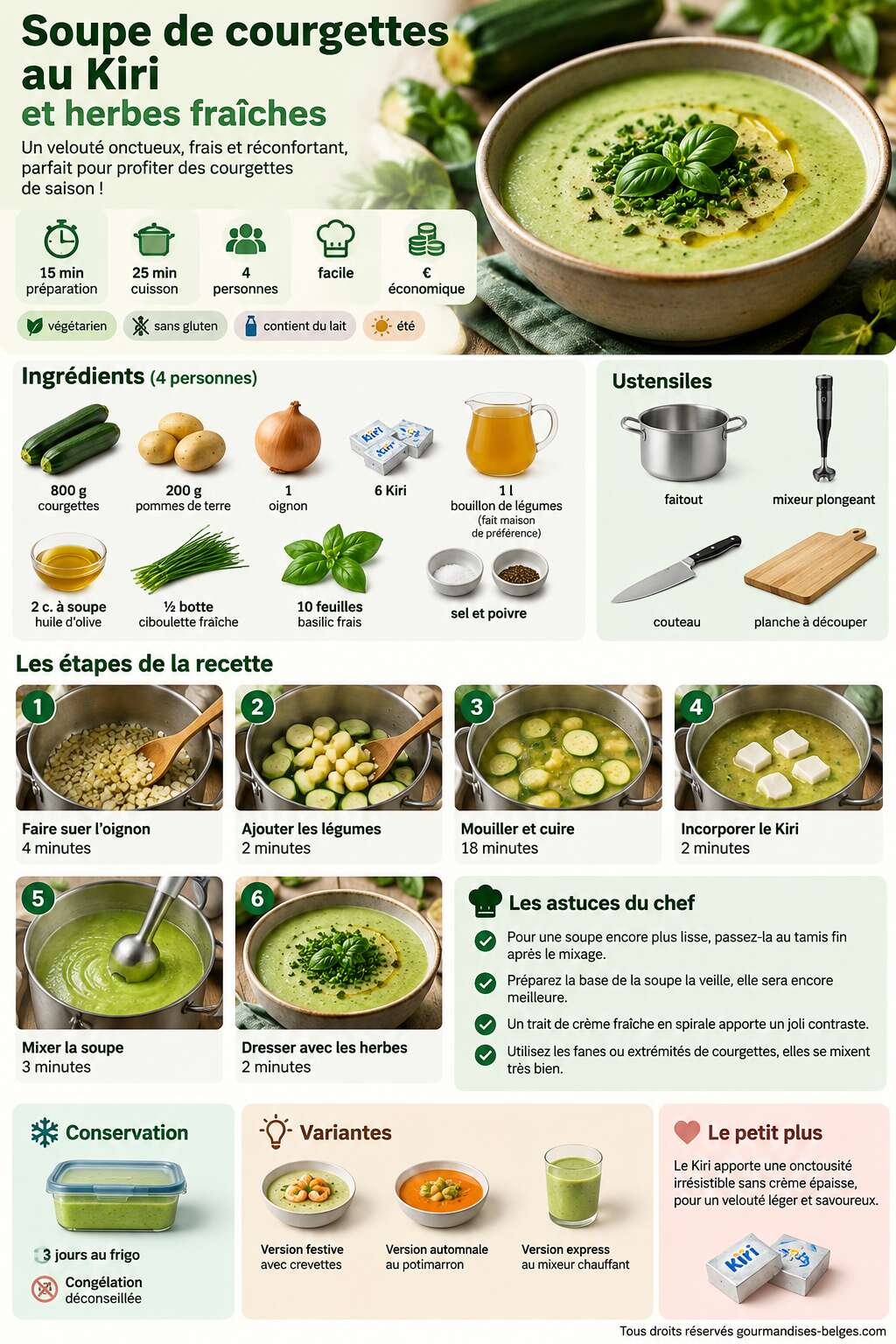 Fiche recette Recette de soupe de courgettes au Kiri et herbes fra&icirc;ches