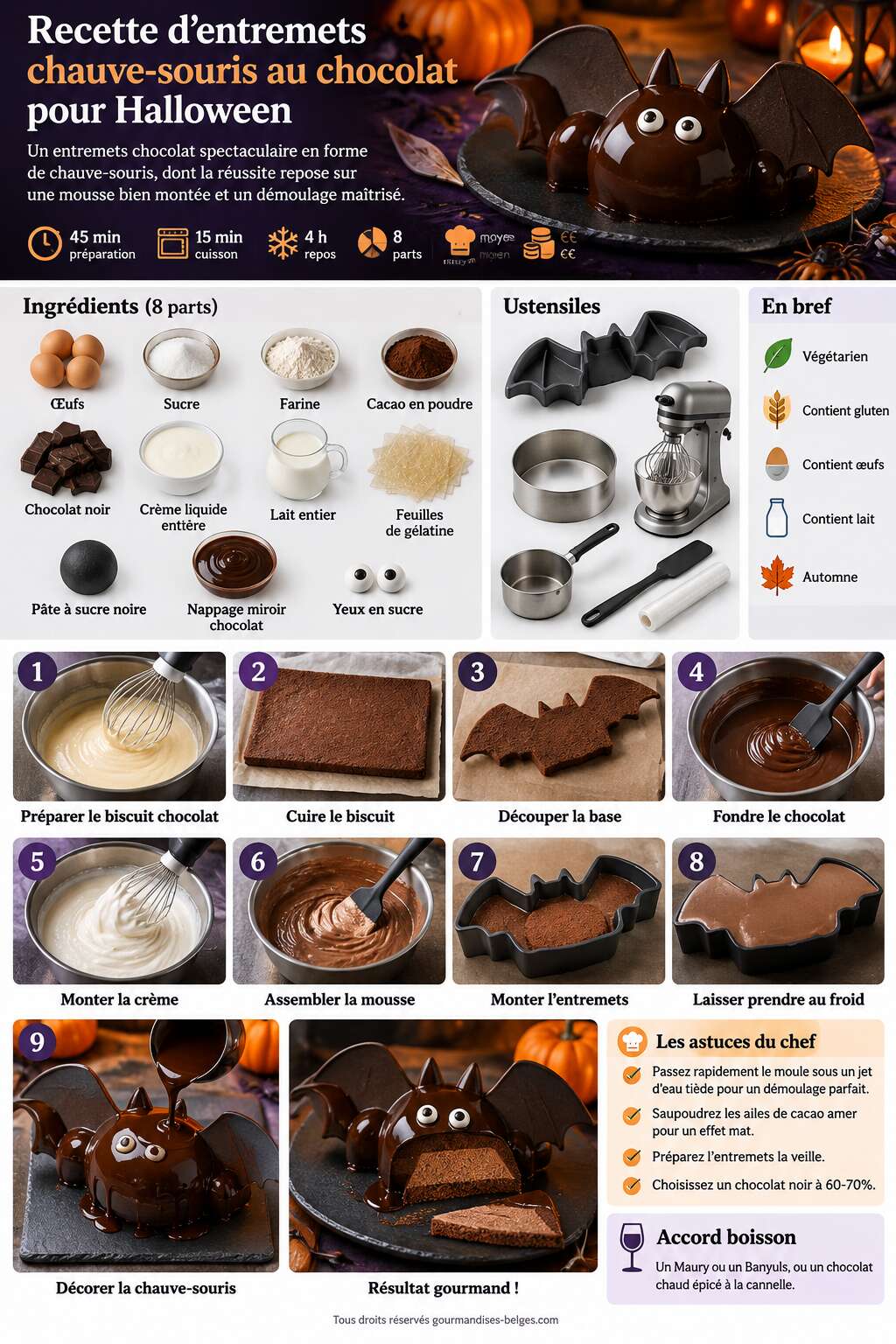 Fiche recette Recette d'entremets chauve-souris au chocolat pour Halloween