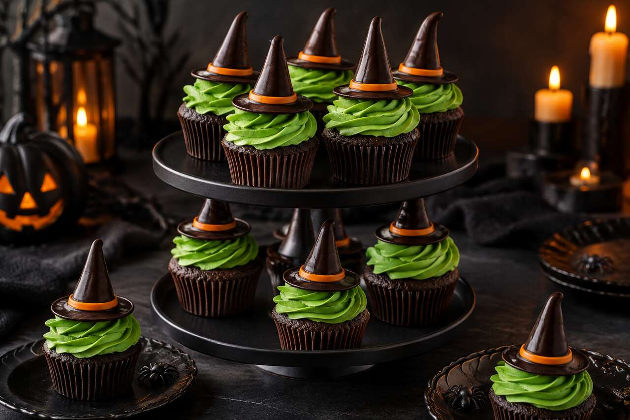 Recette de cupcakes sorcière avec chapeaux en chocolat pour Halloween