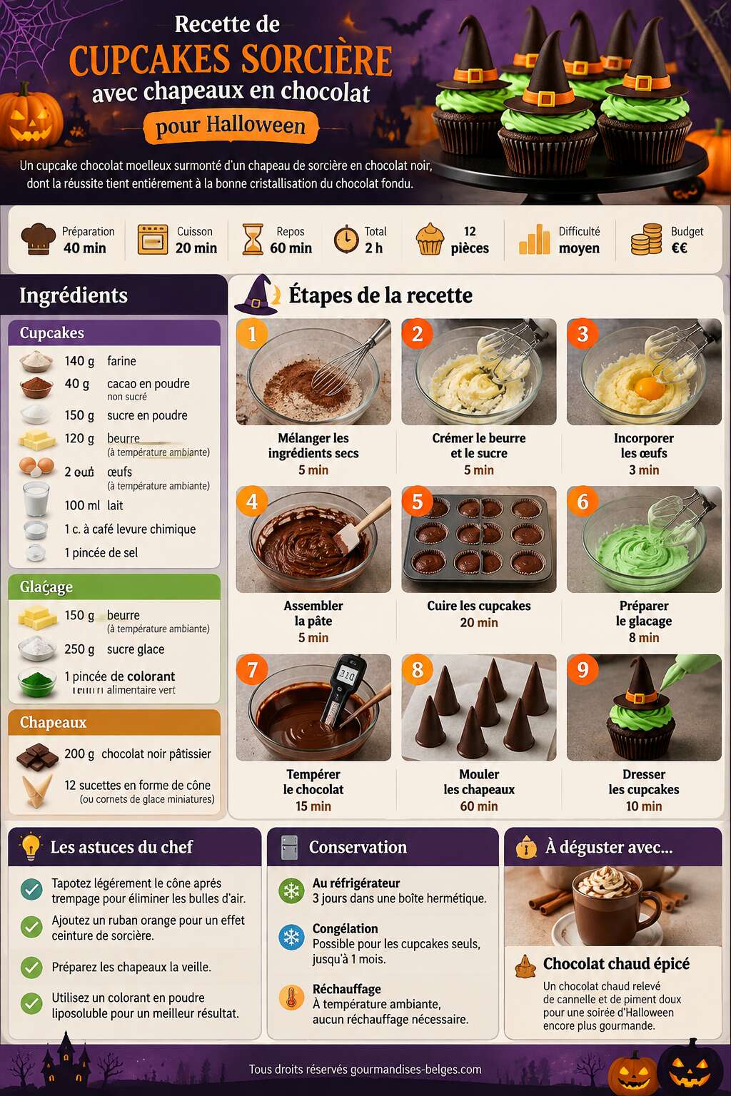 Fiche recette Recette de cupcakes sorci&egrave;re avec chapeaux en chocolat pour Halloween