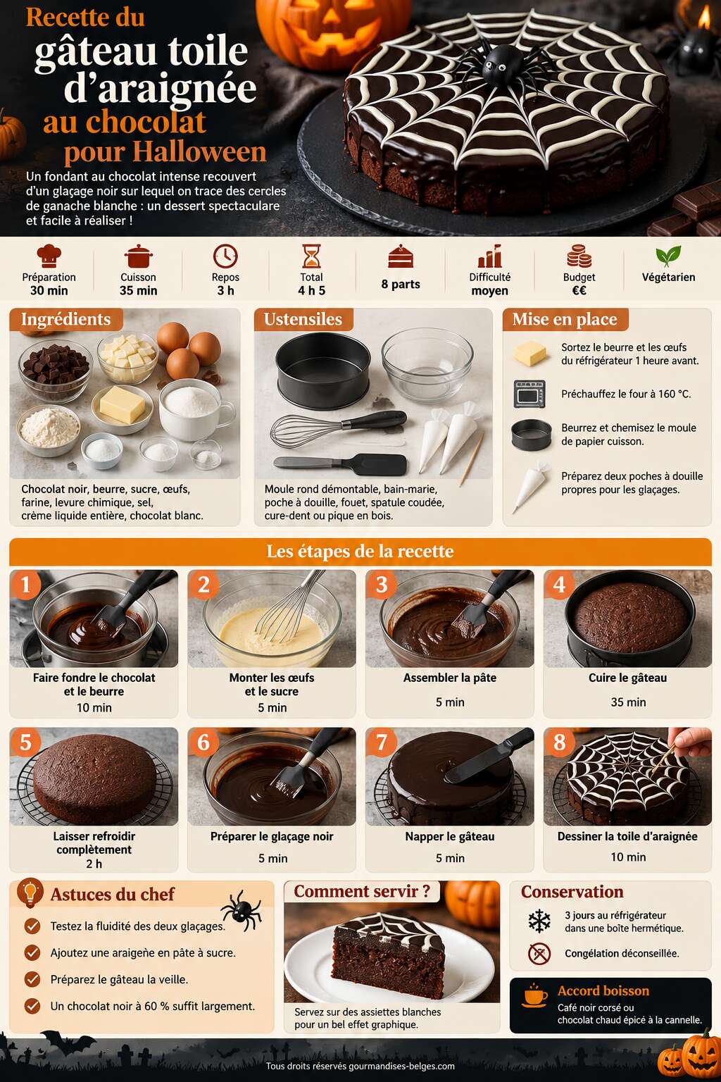 Fiche recette Recette du g&acirc;teau toile d'araign&eacute;e au chocolat pour Halloween
