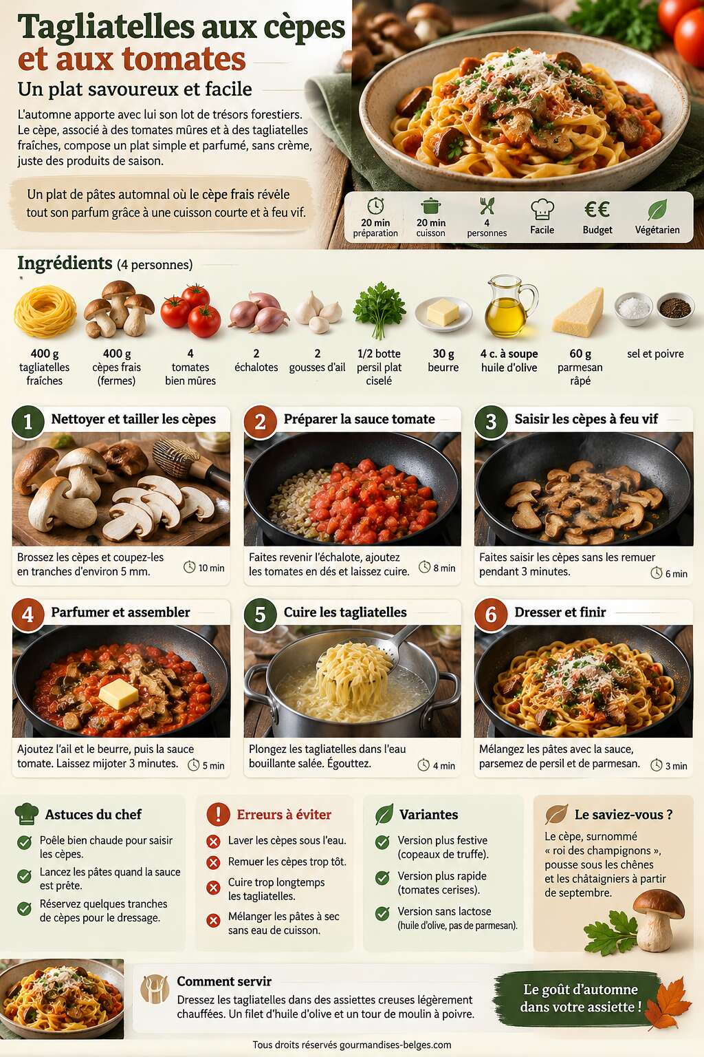 Fiche recette Recette de tagliatelles aux c&egrave;pes et aux tomates : un plat savoureux et facile