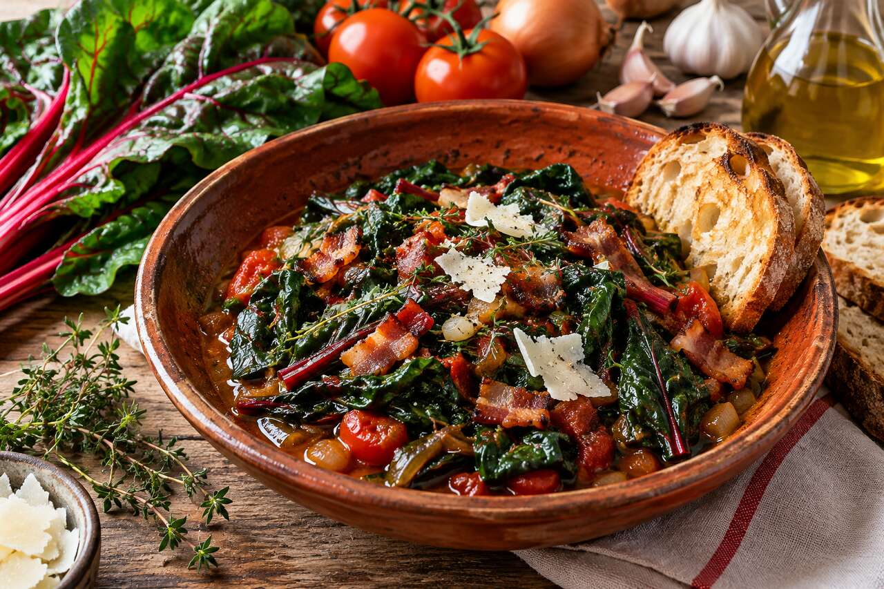 Recette de bettes à la tomate et aux lardons : simple et savoureuse
