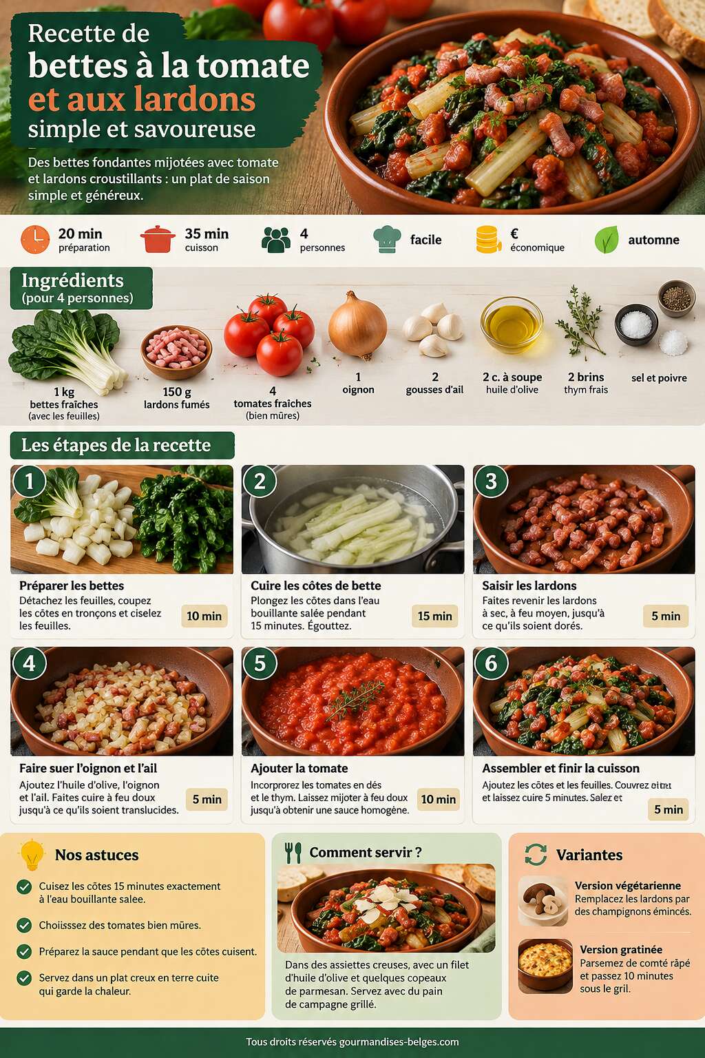 Fiche recette Recette de bettes &agrave; la tomate et aux lardons : simple et savoureuse
