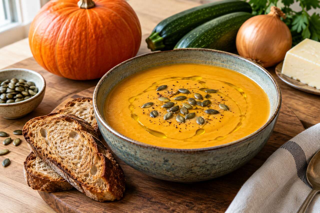Recette de soupe au potiron, courgettes et Vache qui rit