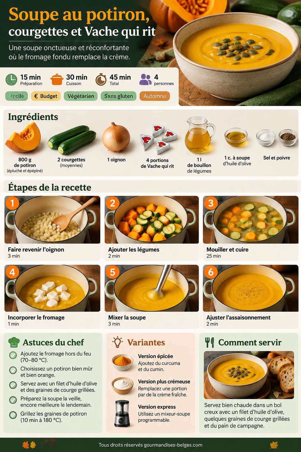 Fiche recette Recette de soupe au potiron, courgettes et Vache qui rit