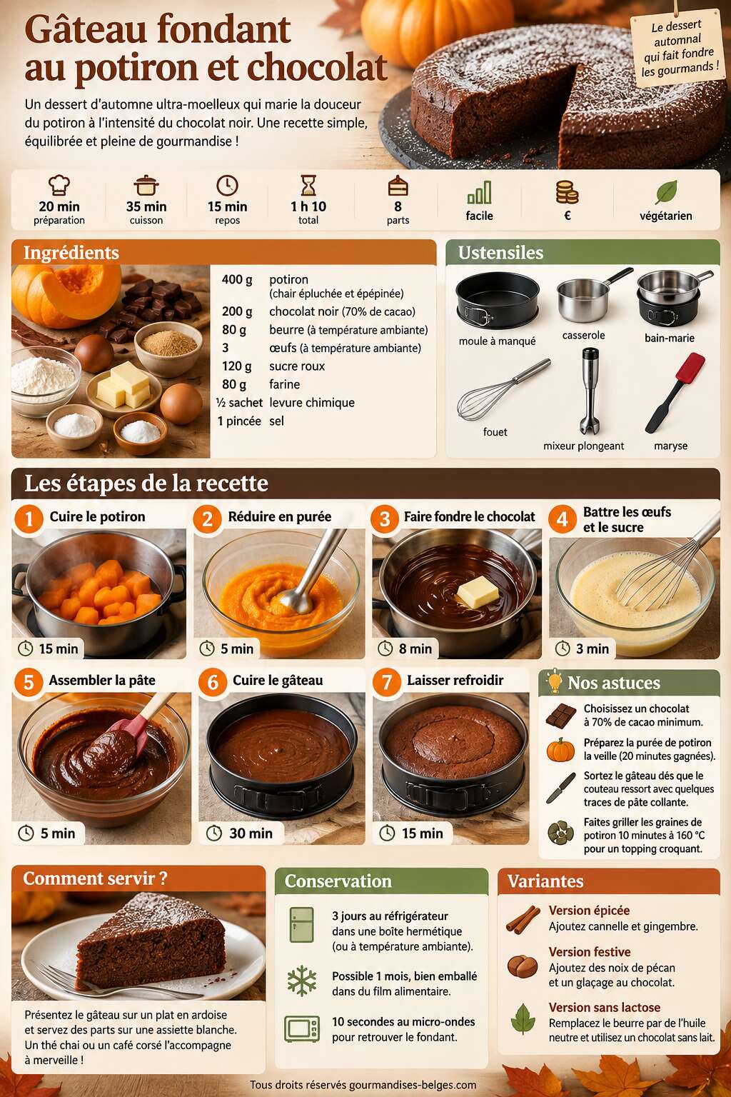 Fiche recette Recette de g&acirc;teau fondant au potiron et chocolat