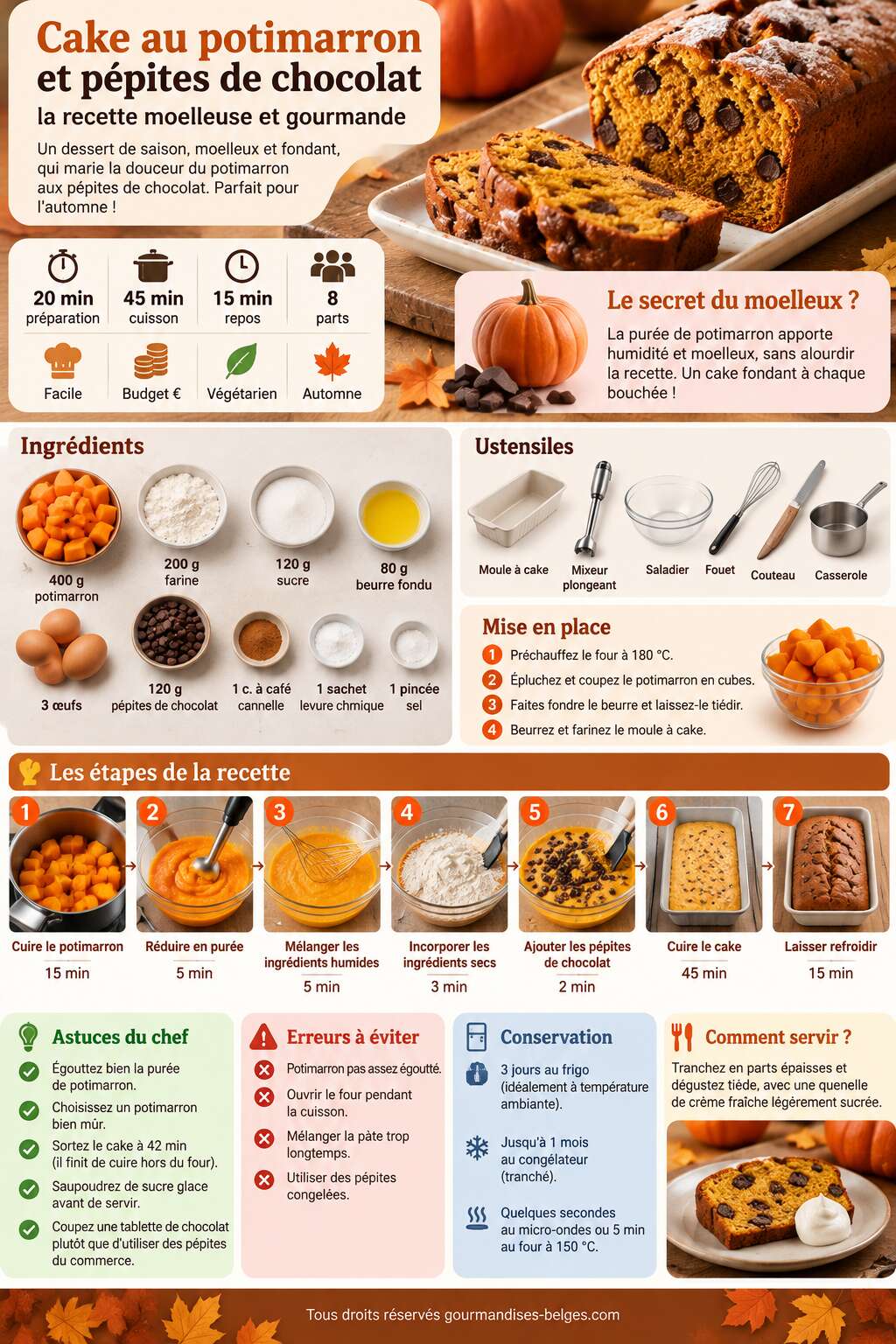 Fiche recette Cake au potimarron et p&eacute;pites de chocolat : la recette moelleuse et gourmande
