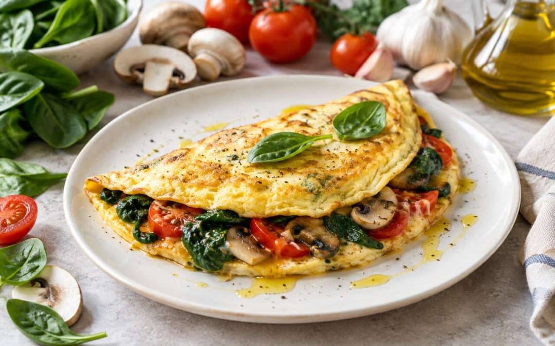 Recette d'omelette aux épinards, champignons et tomates à l'huile d'olive