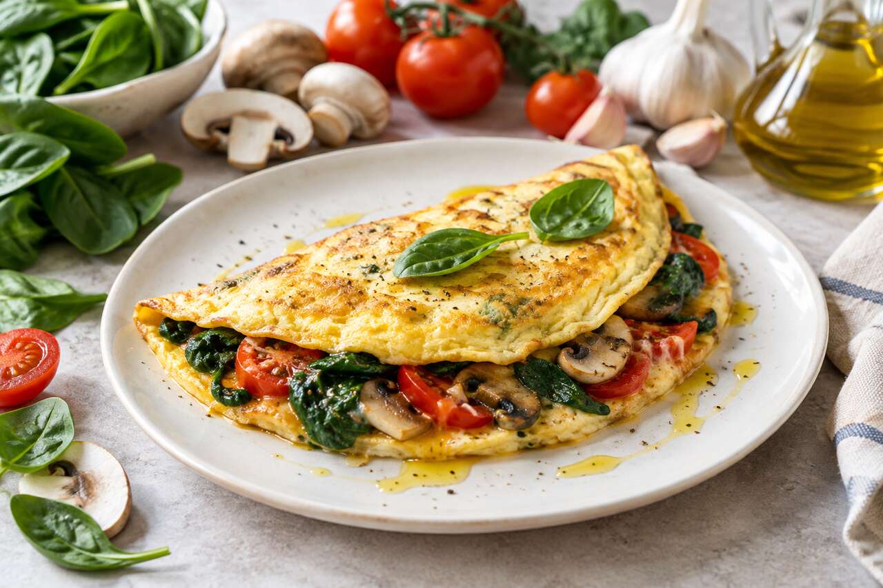 Recette d'omelette aux épinards, champignons et tomates à l'huile d'olive